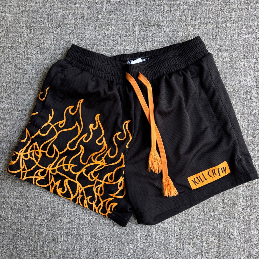 Kill Crew Shorts Unisex M Black Orange Flame Mesh Gym Training Bodybuilding 4in